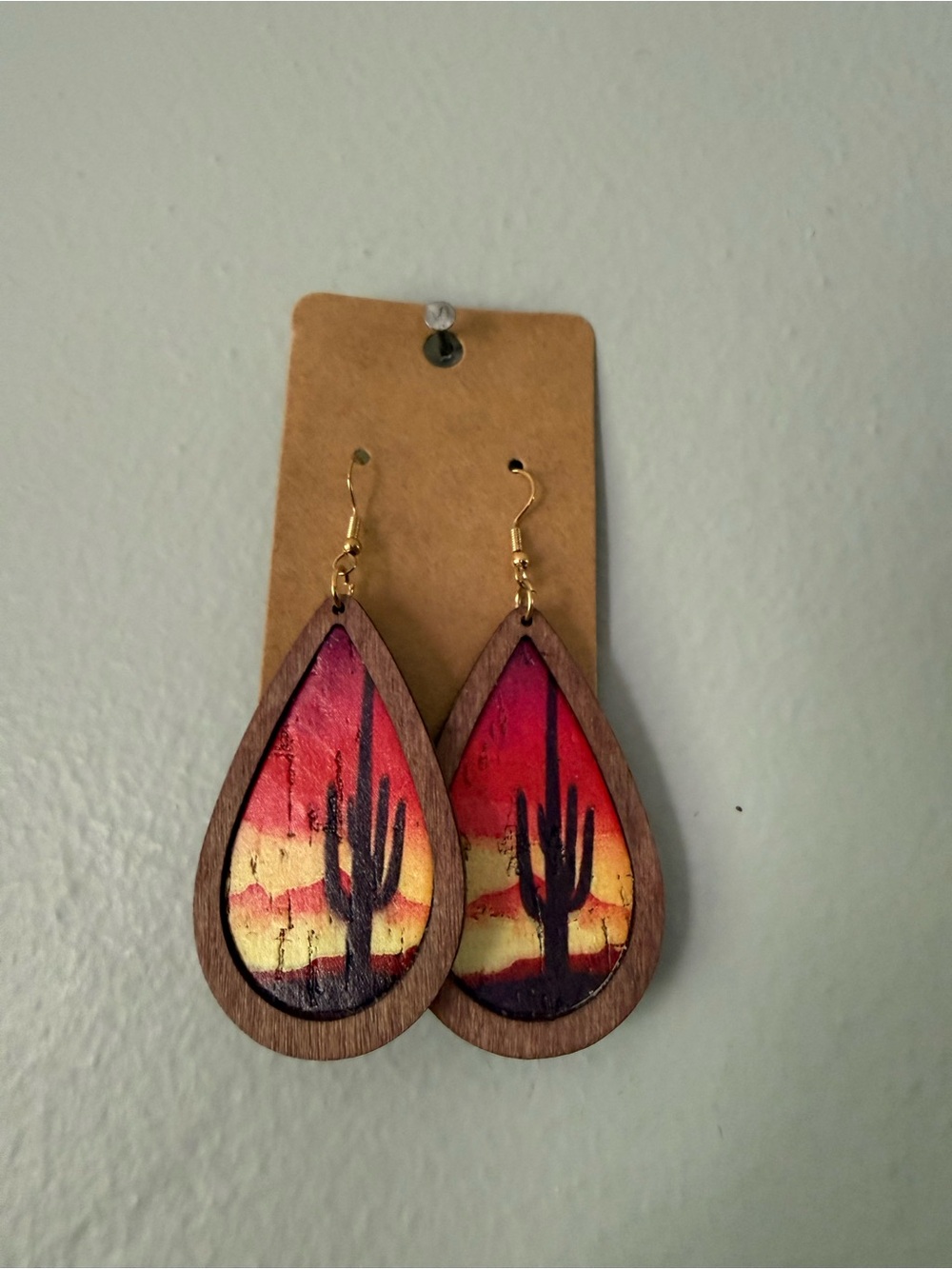 Wooden Teardrop Cactus Sunset Earrings